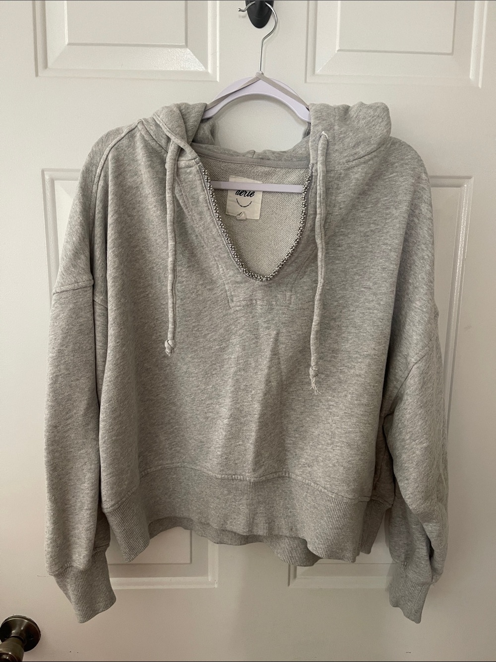 aerie Light Gray Rhinestone-Trim Pullover Hoodie